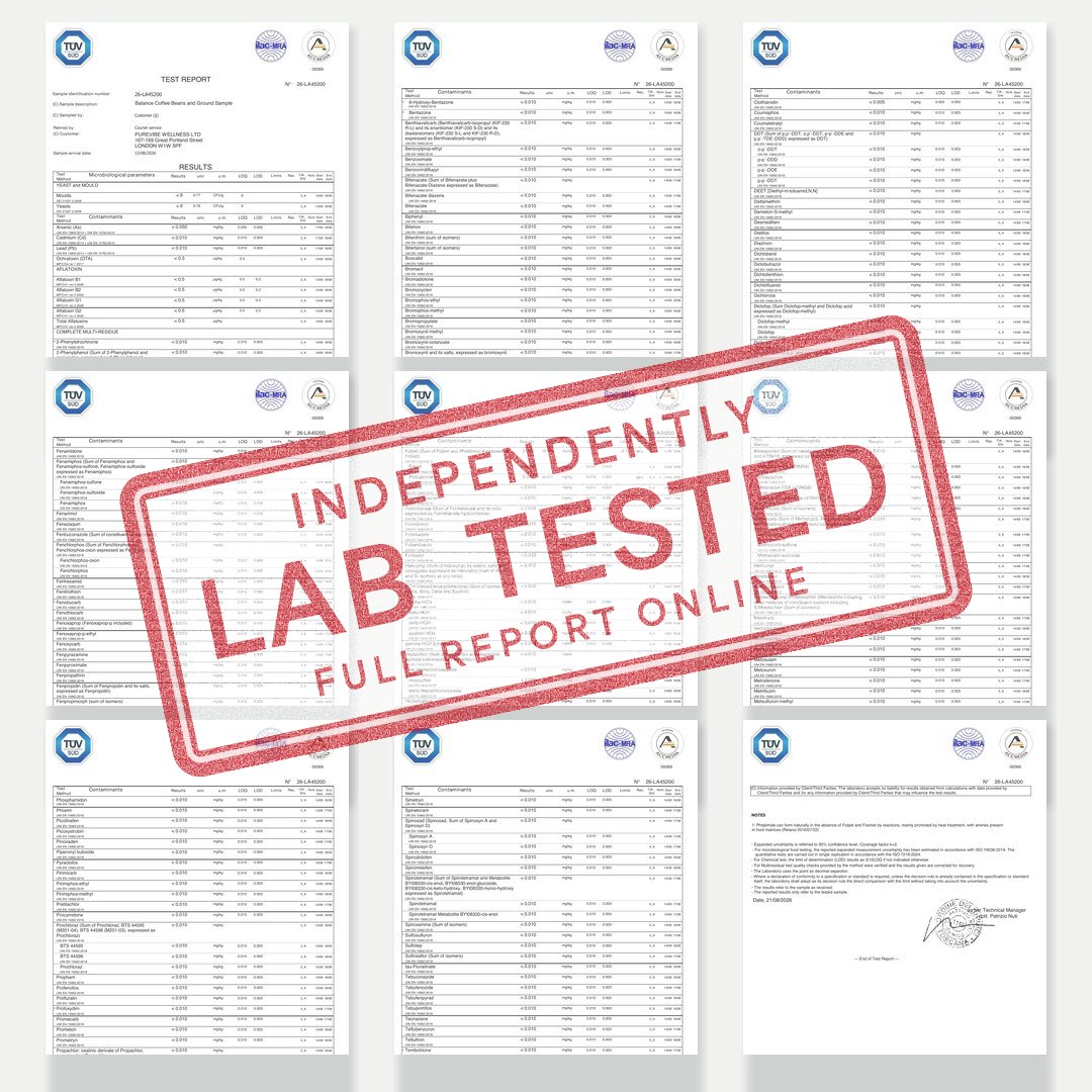 Pages of our independent lab report with a red stamp: independently lab tested, full report online