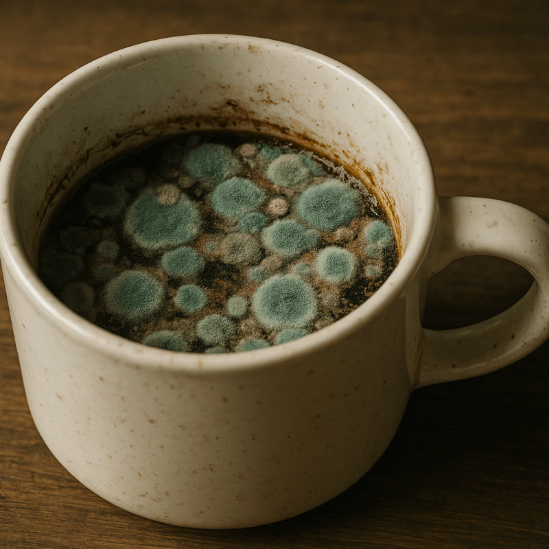 A mug of coffee with mould growing on the surface