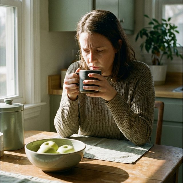 A woman at her kitchen table pausing over her mug of coffee with an uneasy look